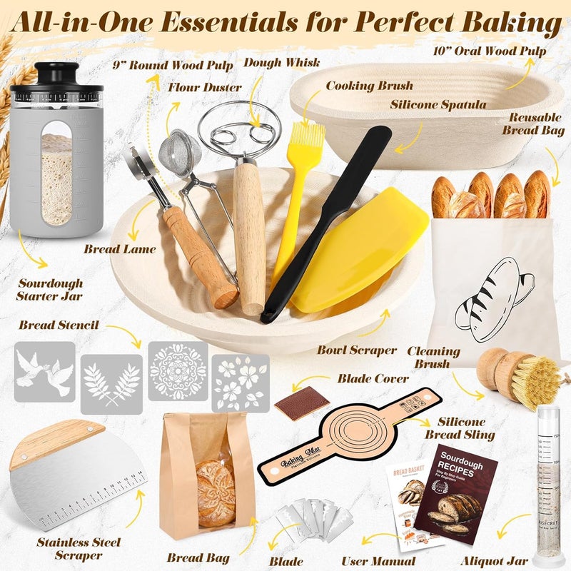 Risecret Sourdough Starter Kit with Aliquot Jar, Wood Pulp 9" Round & 10" Oval Bannetons & 34 oz Sourdough Starter Jar & Bread Sling Scrapers & Bag Complete Sourdough Baking Supplies - Image 2